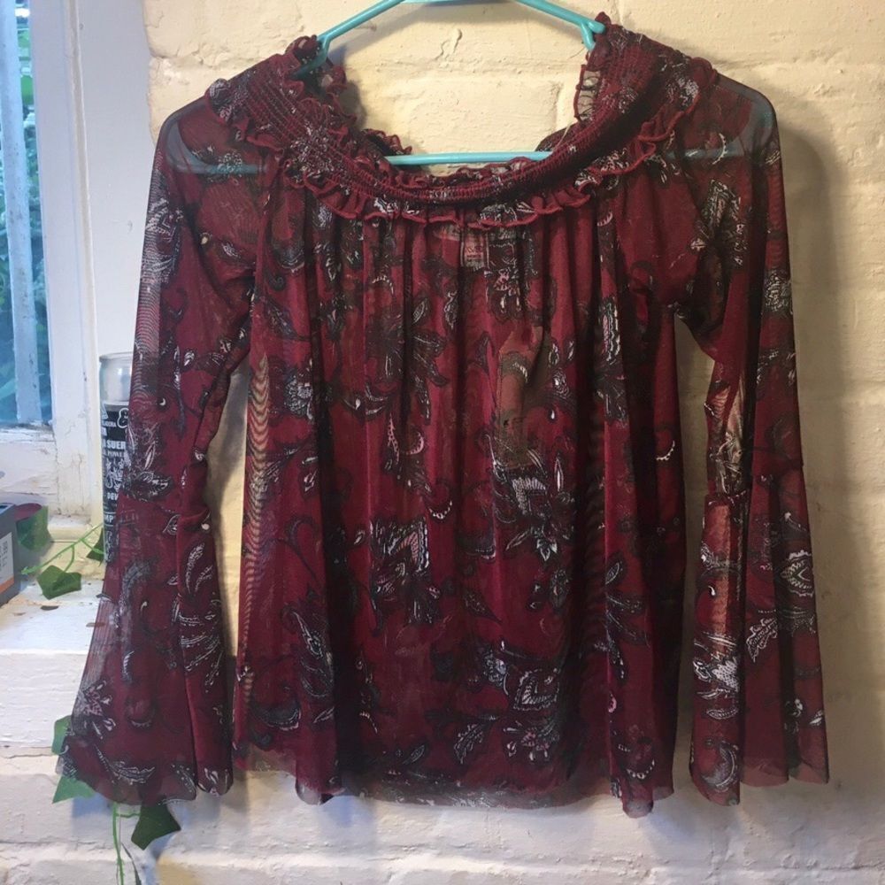 Off The Shoulder Burgundy Mesh Blouse